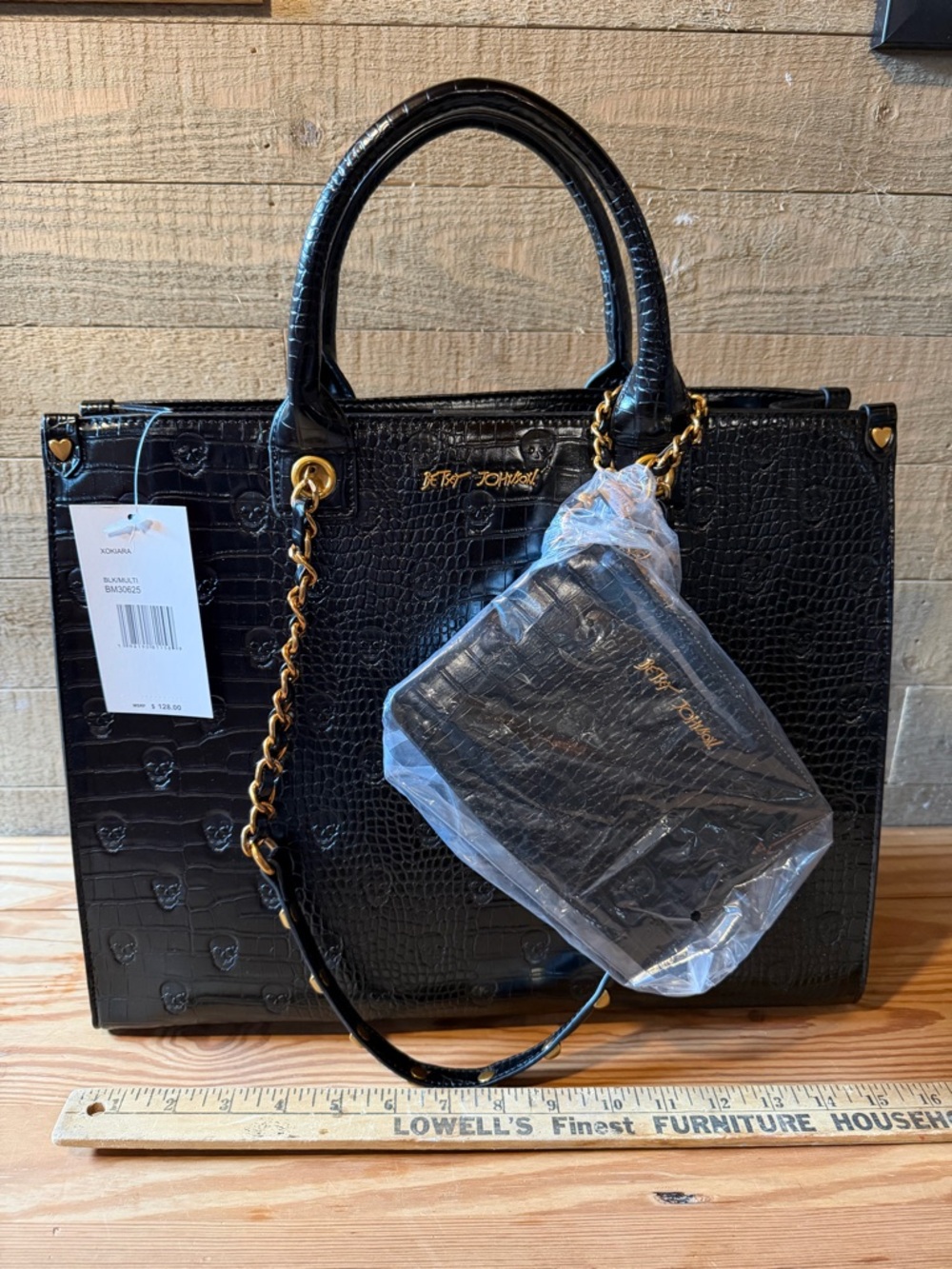 Betsey Johnson Black Croc-Embossed Satchel with Gold Chain Detail